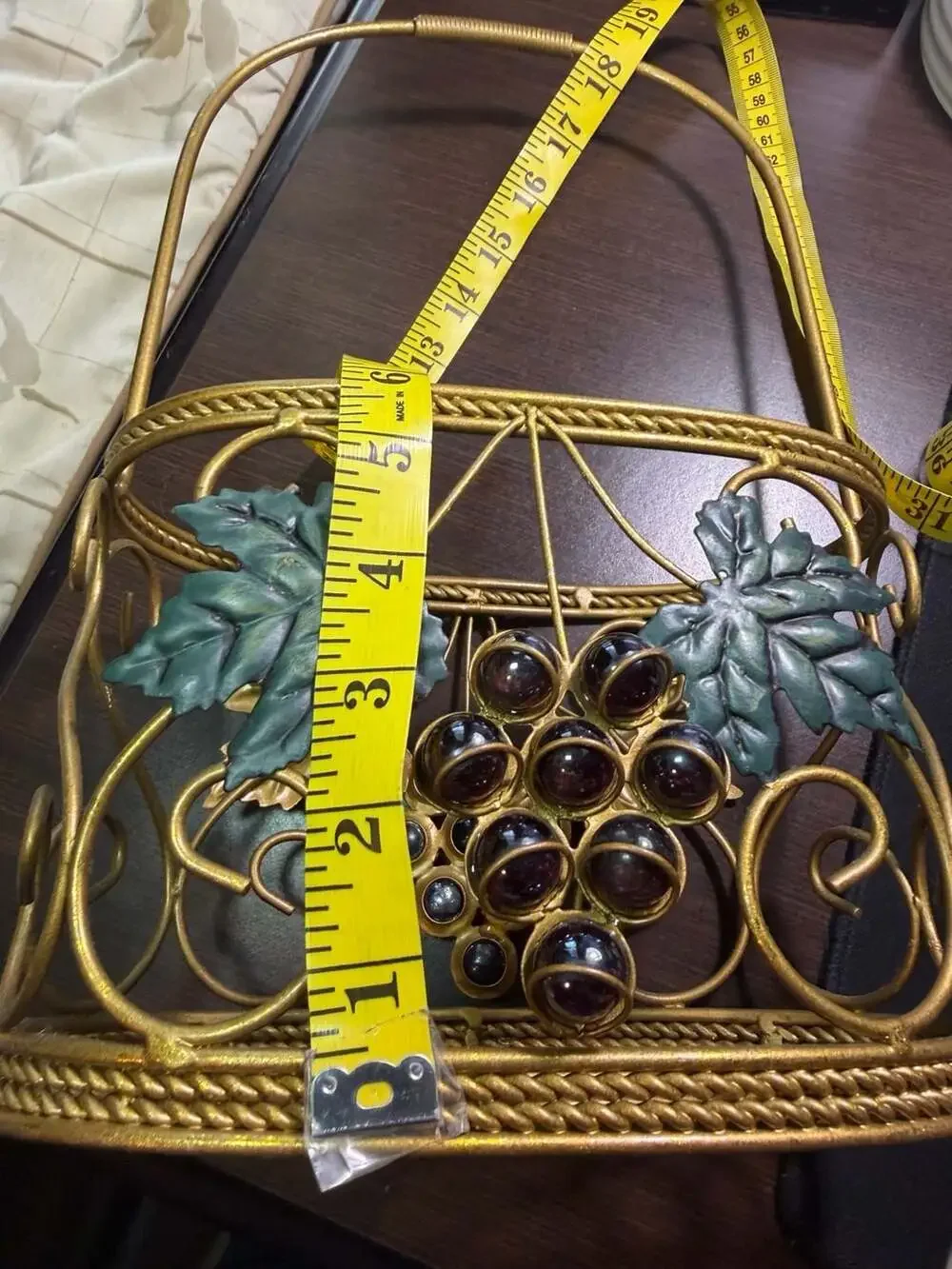 Vintage Gold Tone Metal Wire Basket with Grape and Leaf Accents